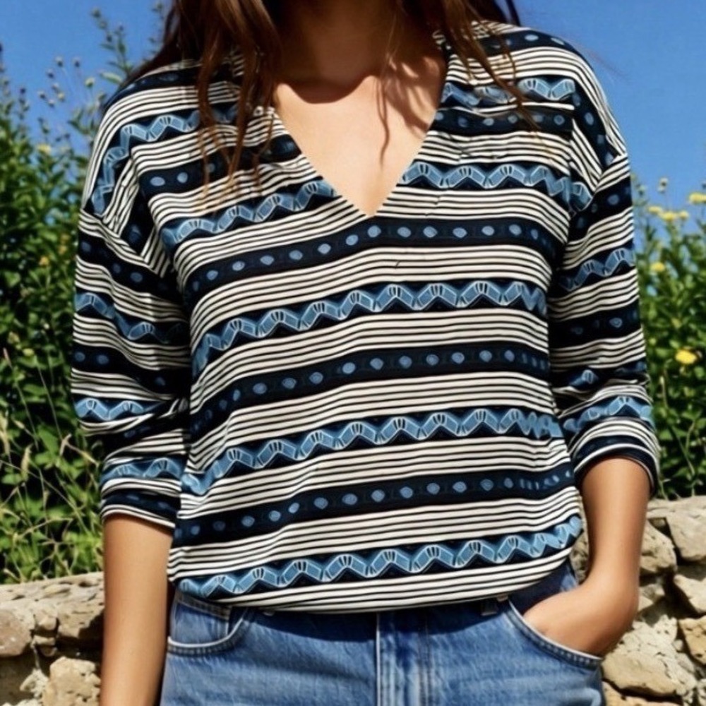 Womens XS Blue Top V-Neck, New, Lucky Brand, Back‎ Tie, Geometric Striped